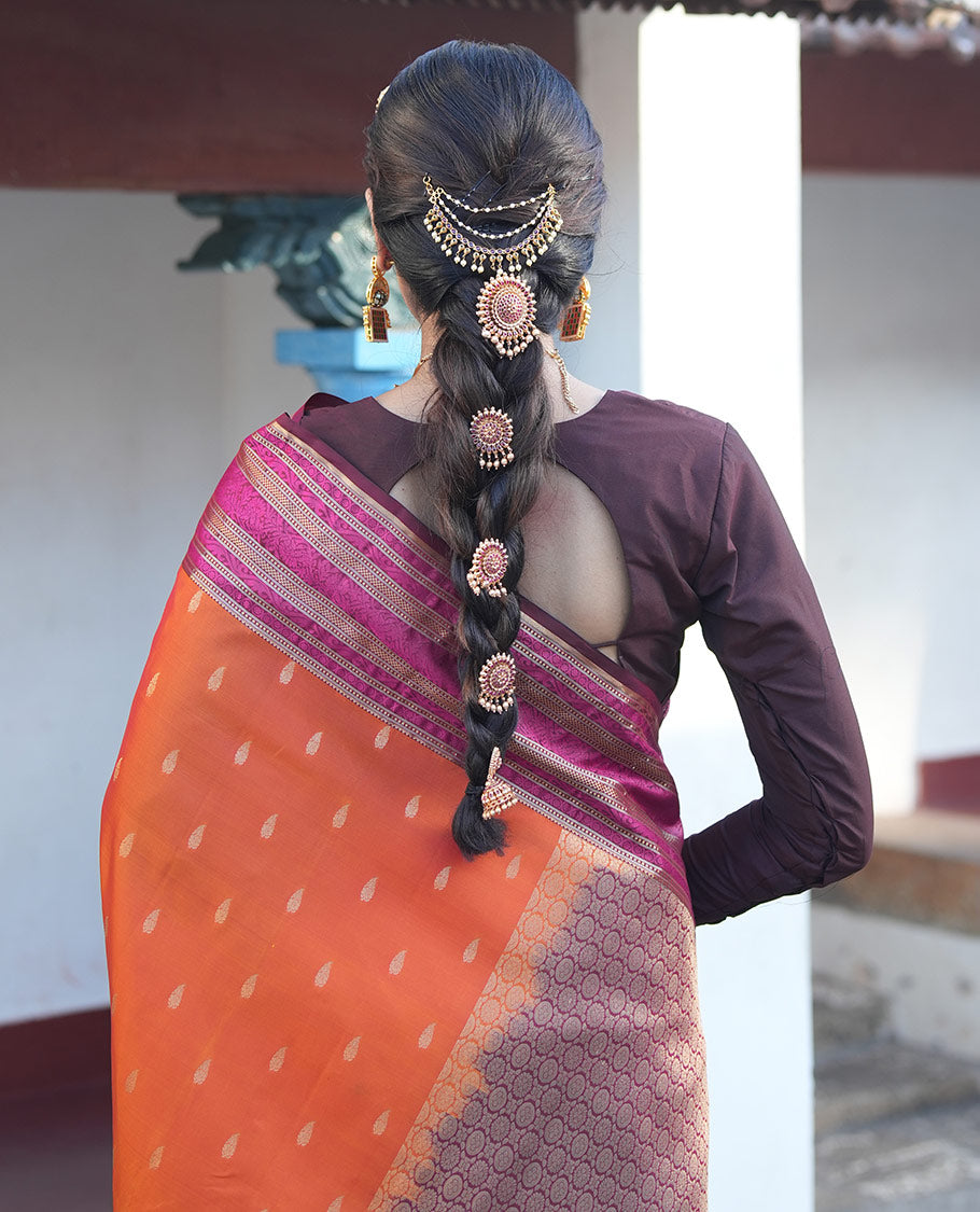 Orange Zari Buttas Vasundhara Lite Silk Mix Saree, Contrast Temple Traditional Border, Chakra Pallu, a Contrast Blouse