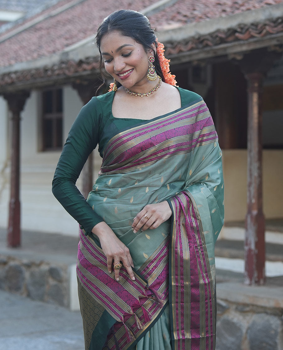 Green Zari Buttas Vasundhara Lite Silk Mix Saree, Contrast Temple Traditional Border, Chakra Pallu, a Contrast Blouse