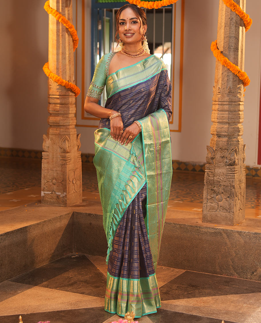 Blue Vasundhara Silk Saree, Adorned with Zari Buttas Enclosed Checks All Over Its Body, Complemented by a Contrast Border of Kathir, Muthu, and Rudraksham Designs, Grand Intricate Pallu, and Paired with a Contrast Blouse