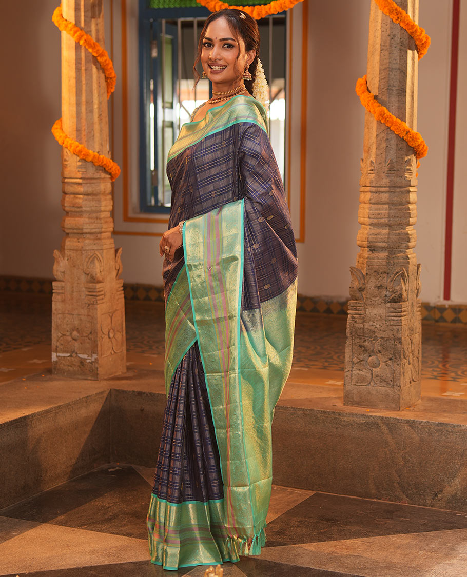 Blue Vasundhara Silk Saree, Adorned with Zari Buttas Enclosed Checks All Over Its Body, Complemented by a Contrast Border of Kathir, Muthu, and Rudraksham Designs, Grand Intricate Pallu, and Paired with a Contrast Blouse