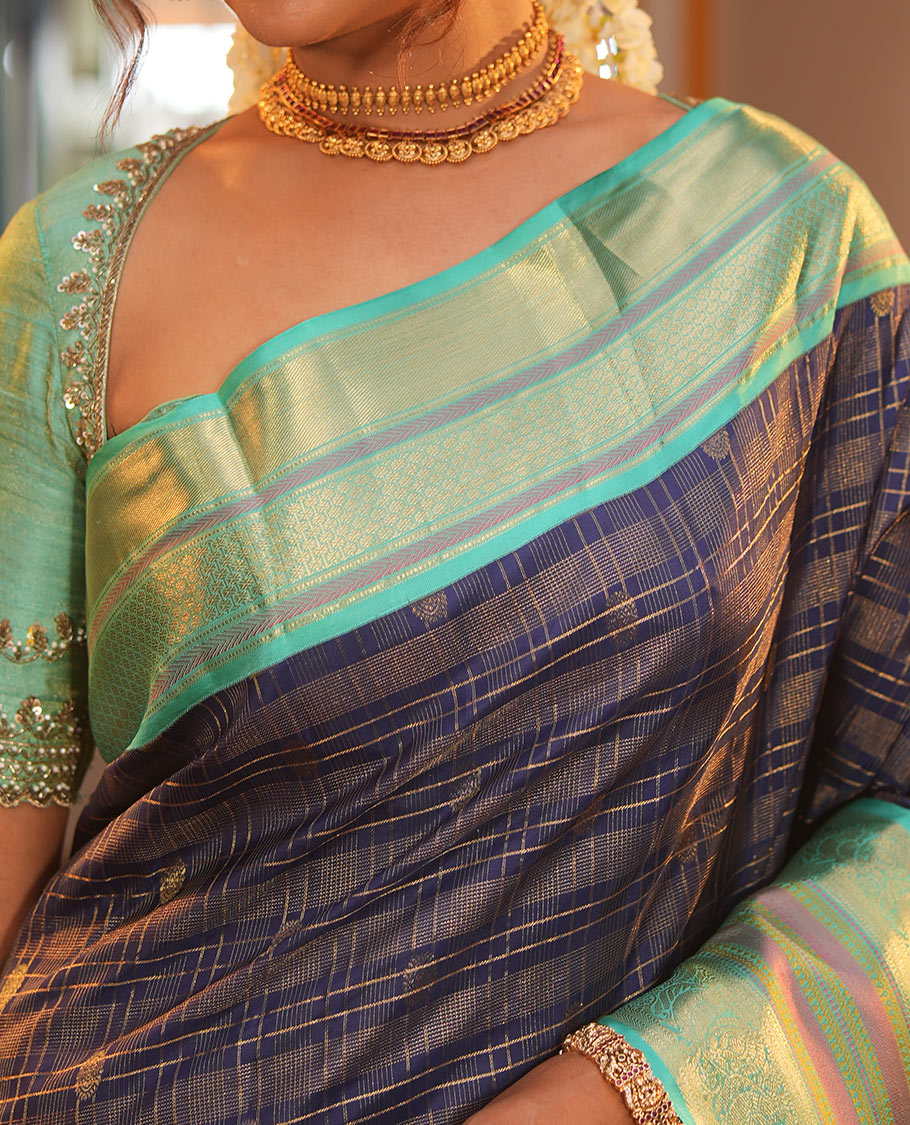 Blue Vasundhara Silk Saree, Adorned with Zari Buttas Enclosed Checks All Over Its Body, Complemented by a Contrast Border of Kathir, Muthu, and Rudraksham Designs, Grand Intricate Pallu, and Paired with a Contrast Blouse