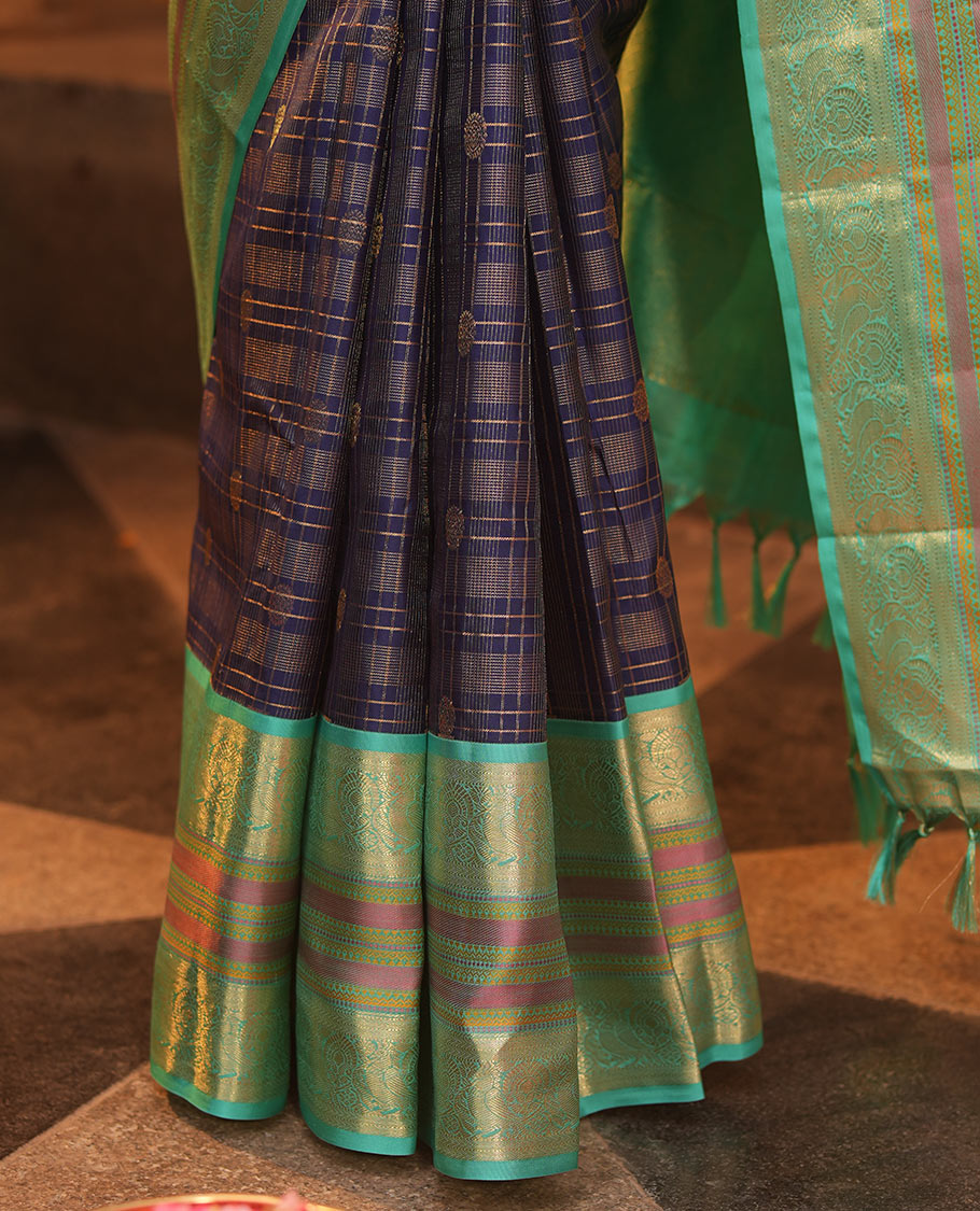 Blue Vasundhara Silk Saree, Adorned with Zari Buttas Enclosed Checks All Over Its Body, Complemented by a Contrast Border of Kathir, Muthu, and Rudraksham Designs, Grand Intricate Pallu, and Paired with a Contrast Blouse