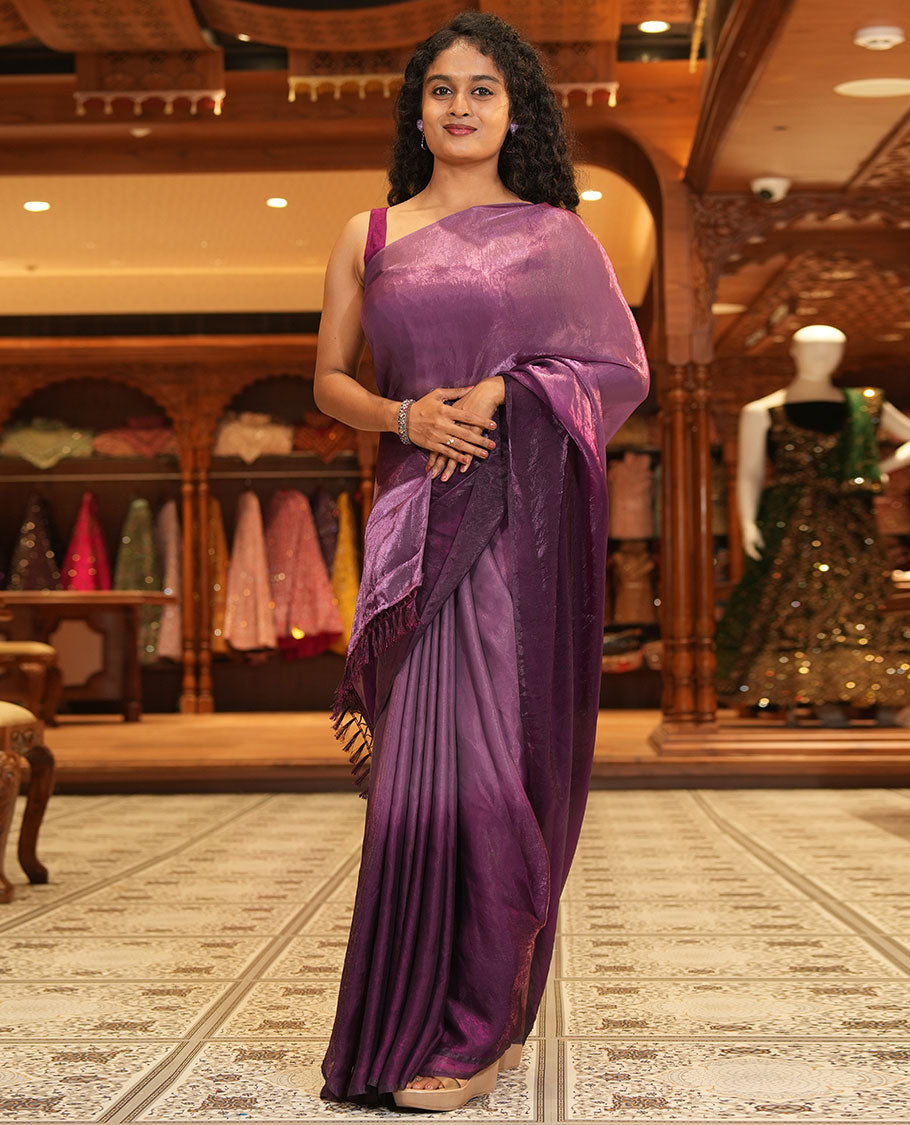Purple Fendy Chiffon Saree Subtly Sparked with Plain Dual-Tone Ombre-Style Design, Self-Pallu of Tassels, and a Plain Blouse