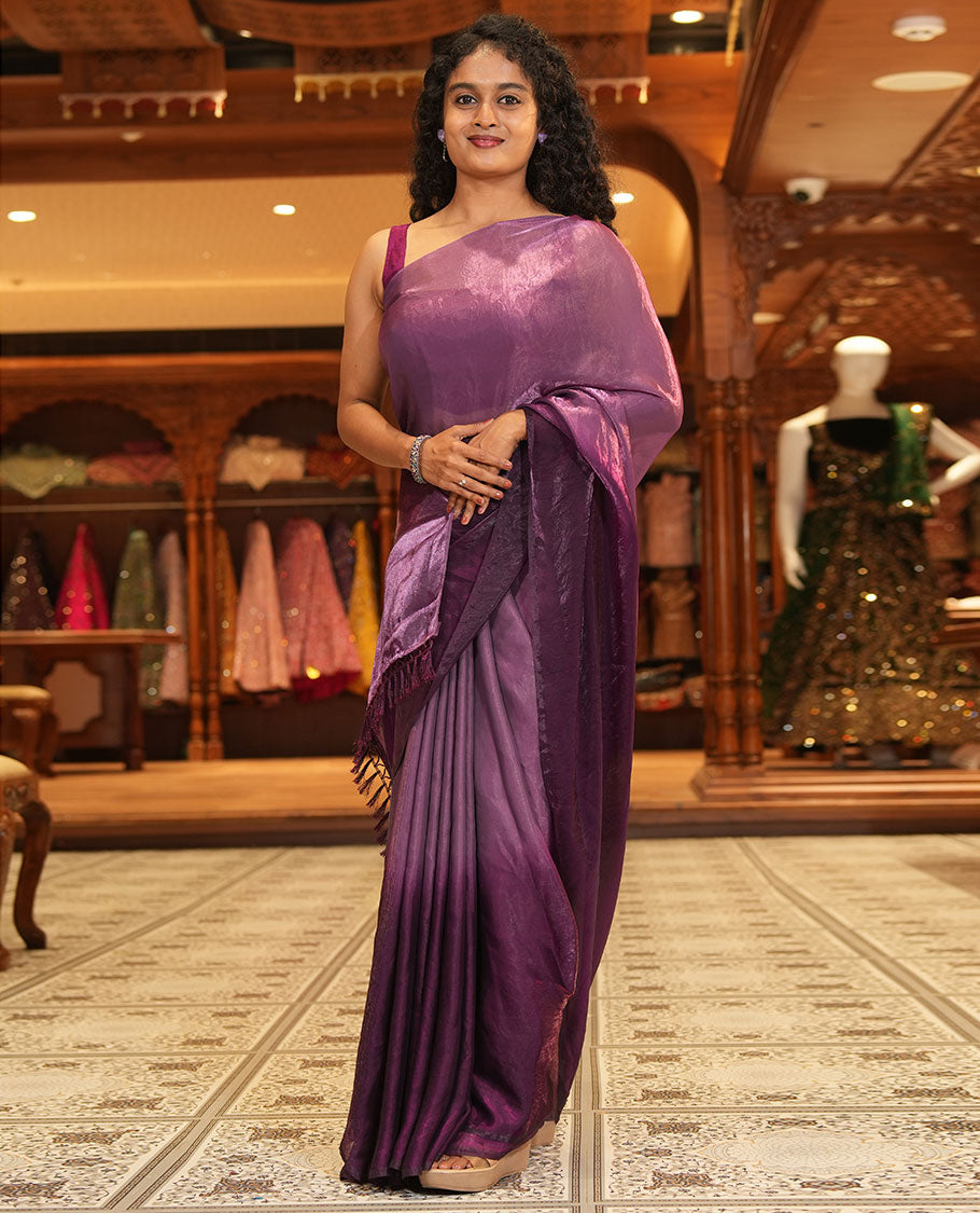 Purple Fendy Chiffon Saree Subtly Sparked with Plain Dual-Tone Ombre-Style Design, Self-Pallu of Tassels, and a Plain Blouse