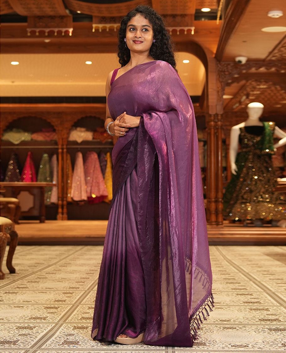 Purple Fendy Chiffon Saree Subtly Sparked with Plain Dual-Tone Ombre-Style Design, Self-Pallu of Tassels, and a Plain Blouse
