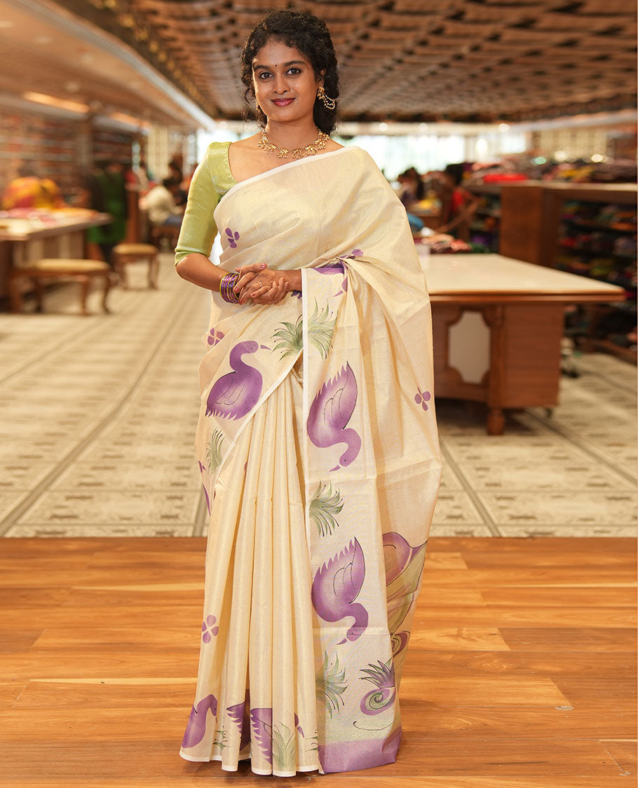 Gold-Violet Kerala Cotton Saree Subtly Sparked with Handblock-Printed Floral and Duck Motifs, Featuring a Self Pallu with Pond-Themed Handblock Prints, Paired with a Matching Plain Blouse