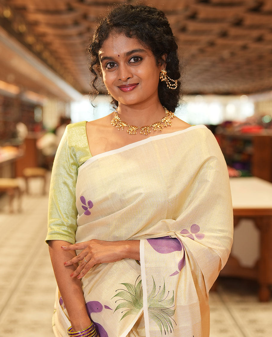 Gold-Violet Kerala Cotton Saree Subtly Sparked with Handblock-Printed Floral and Duck Motifs, Featuring a Self Pallu with Pond-Themed Handblock Prints, Paired with a Matching Plain Blouse