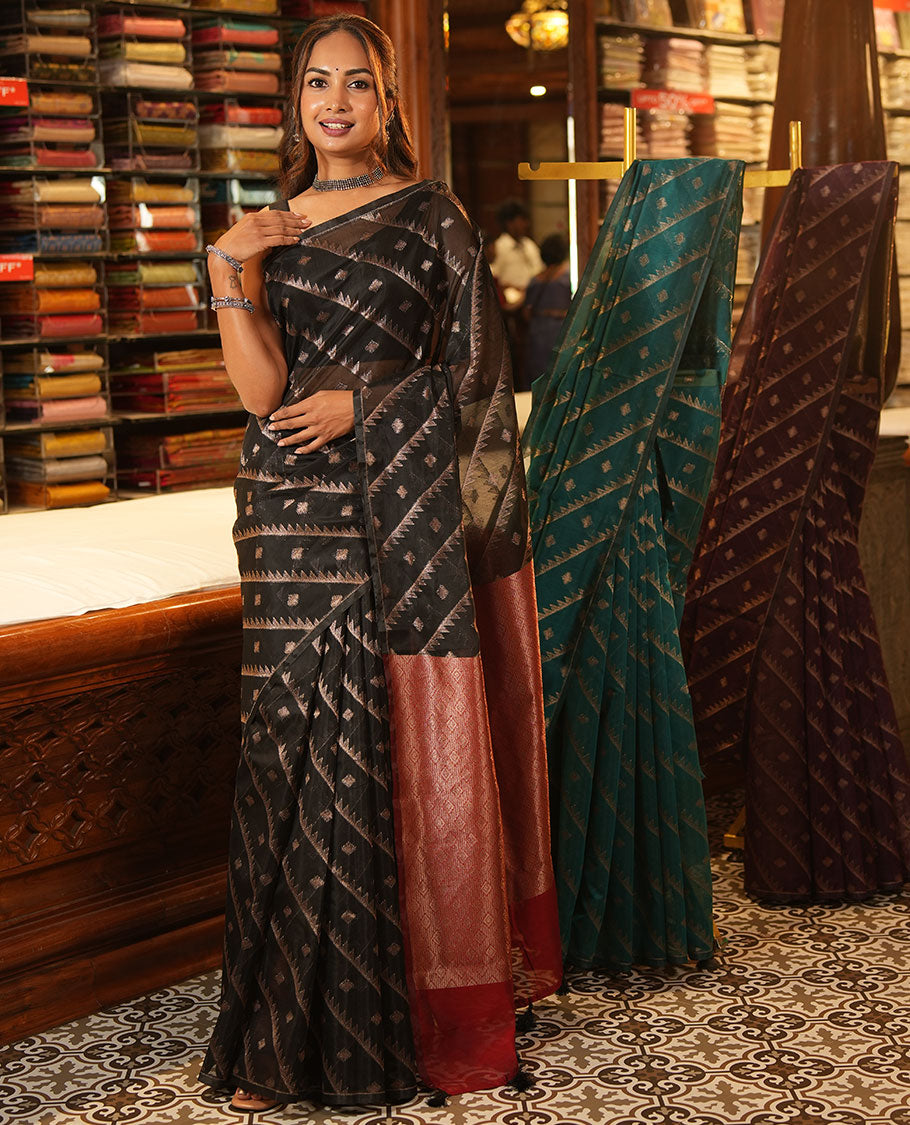 Borderless Black Chanderi Cotton Saree, Adorned with Zari Buttas and Temple Stripes on Its Body, Complemented by Contrast Pallu of Jaal Designs, and Paired with a Contrast Jacquard Blouse