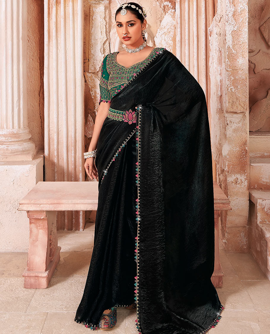 Black Plain Designer Saree, Temple Lace Border, Contrast Lotus Motif Embroidered Belt, a Readymade Blouse, and a Pair of Free Embroidered Punjabi Shoes
