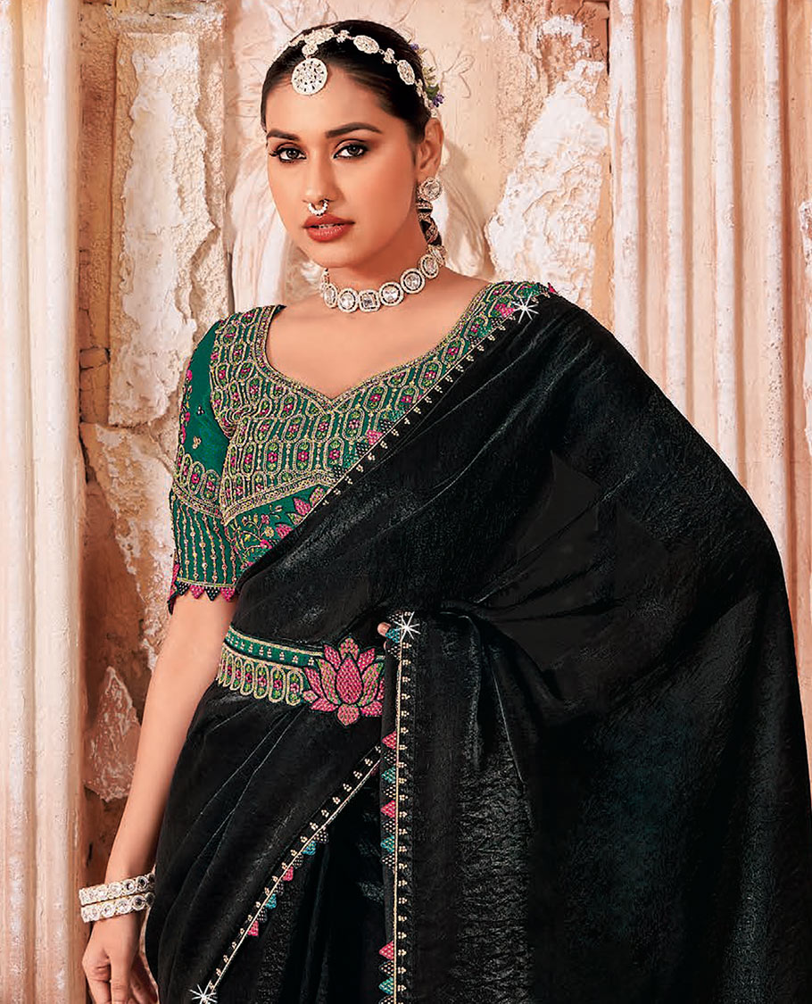 Black Plain Designer Saree, Temple Lace Border, Contrast Lotus Motif Embroidered Belt, a Readymade Blouse, and a Pair of Free Embroidered Punjabi Shoes