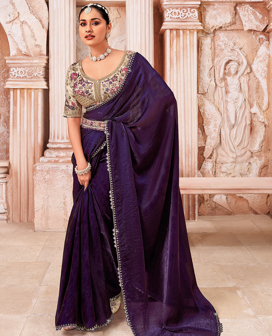 Violet Plain Designer Saree with Temple Lace Border, a Readymade Blouse, a Contrast Embroidered Belt, and a Pair of Free Embroidered Punjabi Shoes
