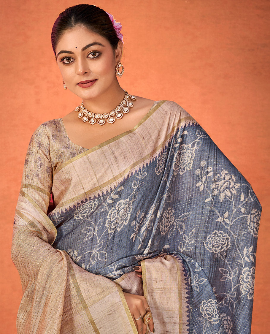 Grey Fancy Tussar Designer Saree, Accentuated with Floral Vine Design, a Contrast Temple Border, a Contrast Pallu, and a Contrast Blouse