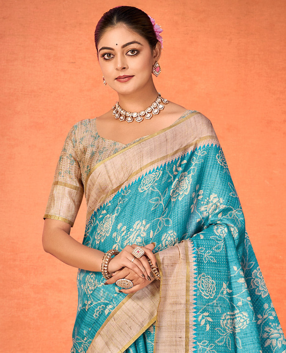 Blue Fancy Tussar Designer Saree, Ornamented with Floral Vine Design, a Contrast Temple Border, a Contrast Pallu, and a Contrast Blouse