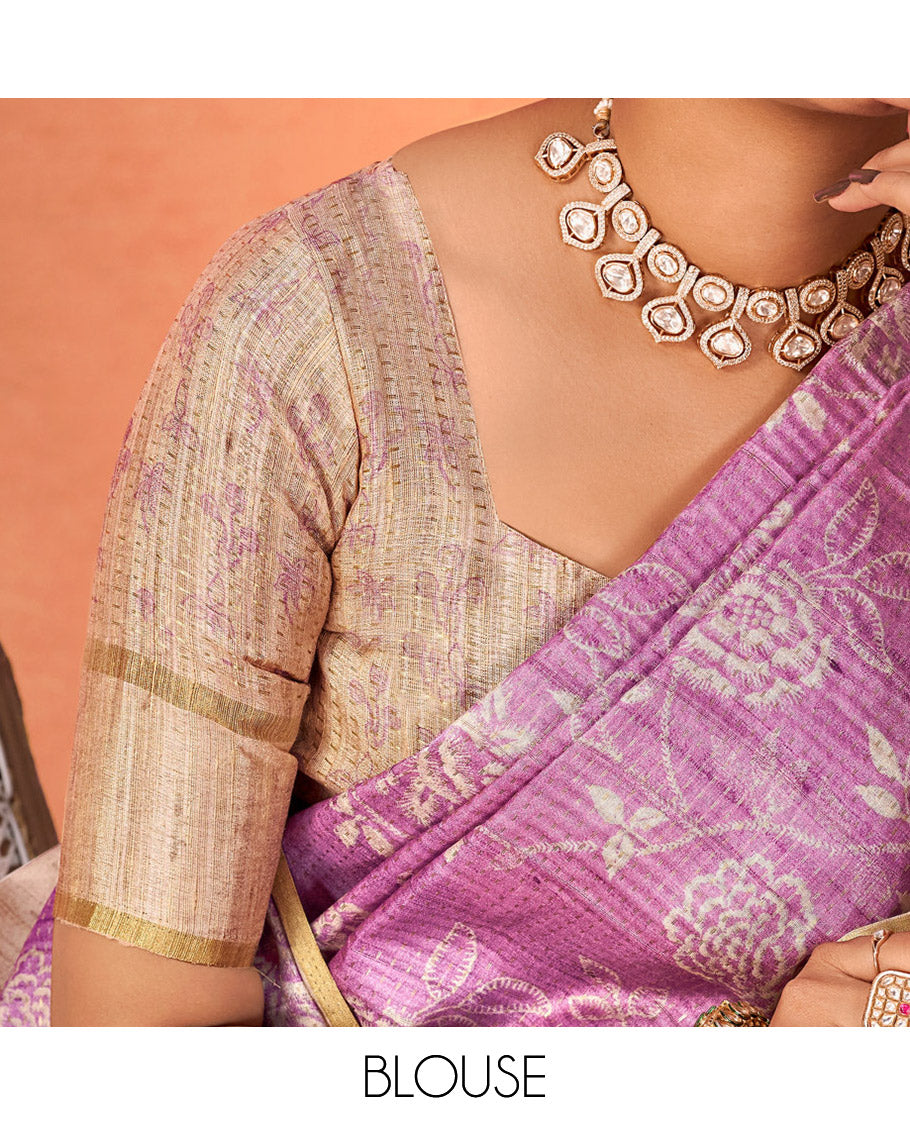Purple Fancy Tussar Designer Saree, Elevated with Floral Vine Design, a Contrast Temple Border, a Contrast Pallu, and a Contrast Blouse