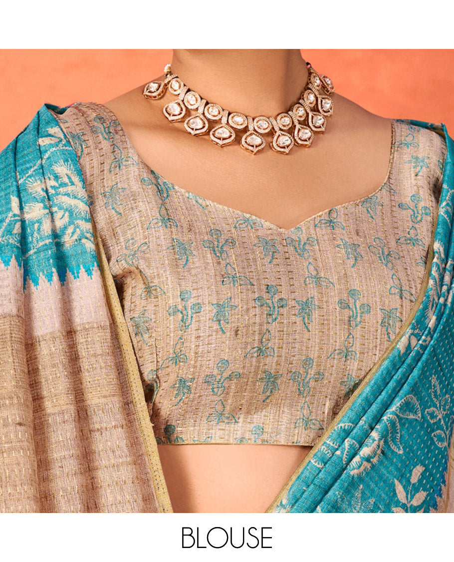 Blue Fancy Tussar Designer Saree, Ornamented with Floral Vine Design, a Contrast Temple Border, a Contrast Pallu, and a Contrast Blouse