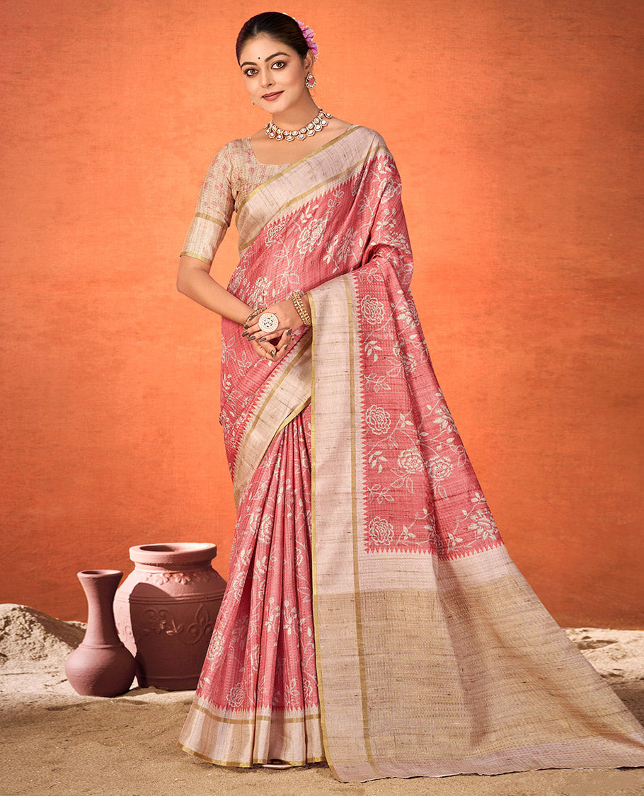 Pink Fancy Tussar Designer Saree, Adorned with Floral Vine Design, a Contrast Temple Border, a Contrast Pallu, and a Contrast Blouse