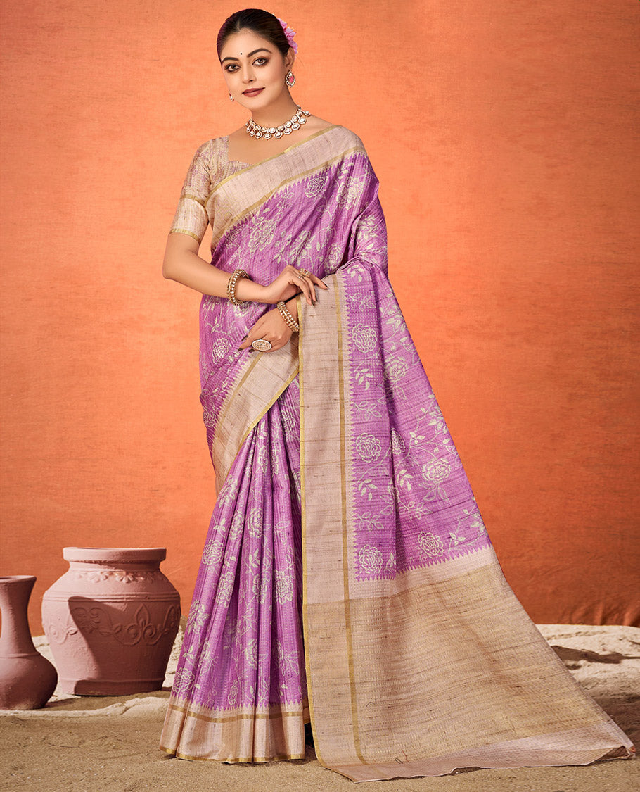 Purple Fancy Tussar Designer Saree, Elevated with Floral Vine Design, a Contrast Temple Border, a Contrast Pallu, and a Contrast Blouse