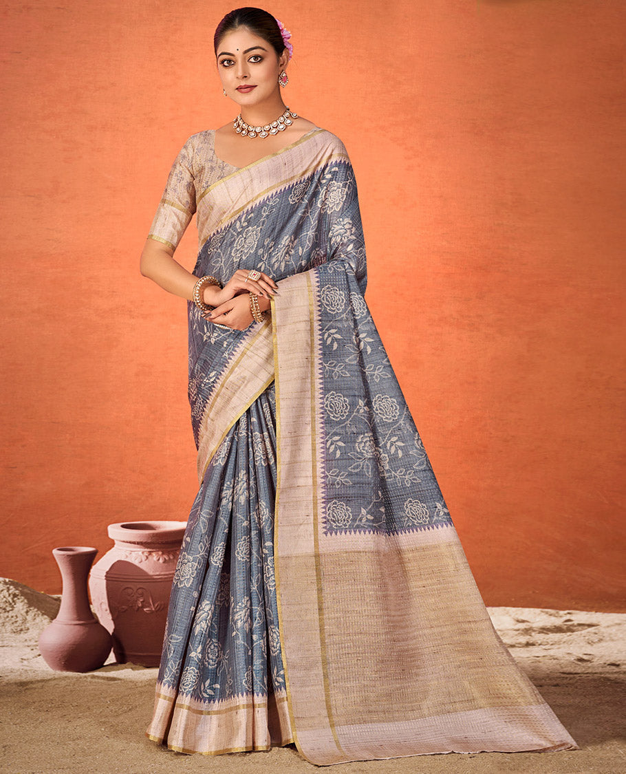 Grey Fancy Tussar Designer Saree, Accentuated with Floral Vine Design, a Contrast Temple Border, a Contrast Pallu, and a Contrast Blouse