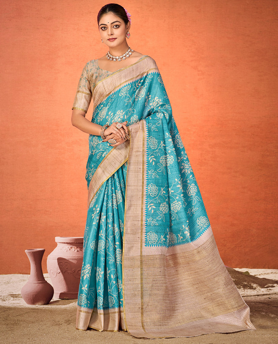 Blue Fancy Tussar Designer Saree, Ornamented with Floral Vine Design, a Contrast Temple Border, a Contrast Pallu, and a Contrast Blouse