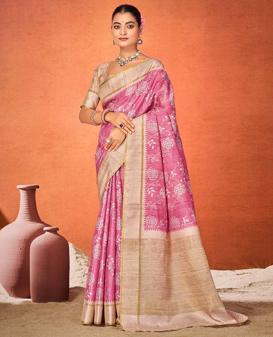 Pink Fancy Tussar Designer Saree, Embellished with Floral Vine Design, a Contrast Temple Border, a Contrast Pallu, and a Contrast Blouse