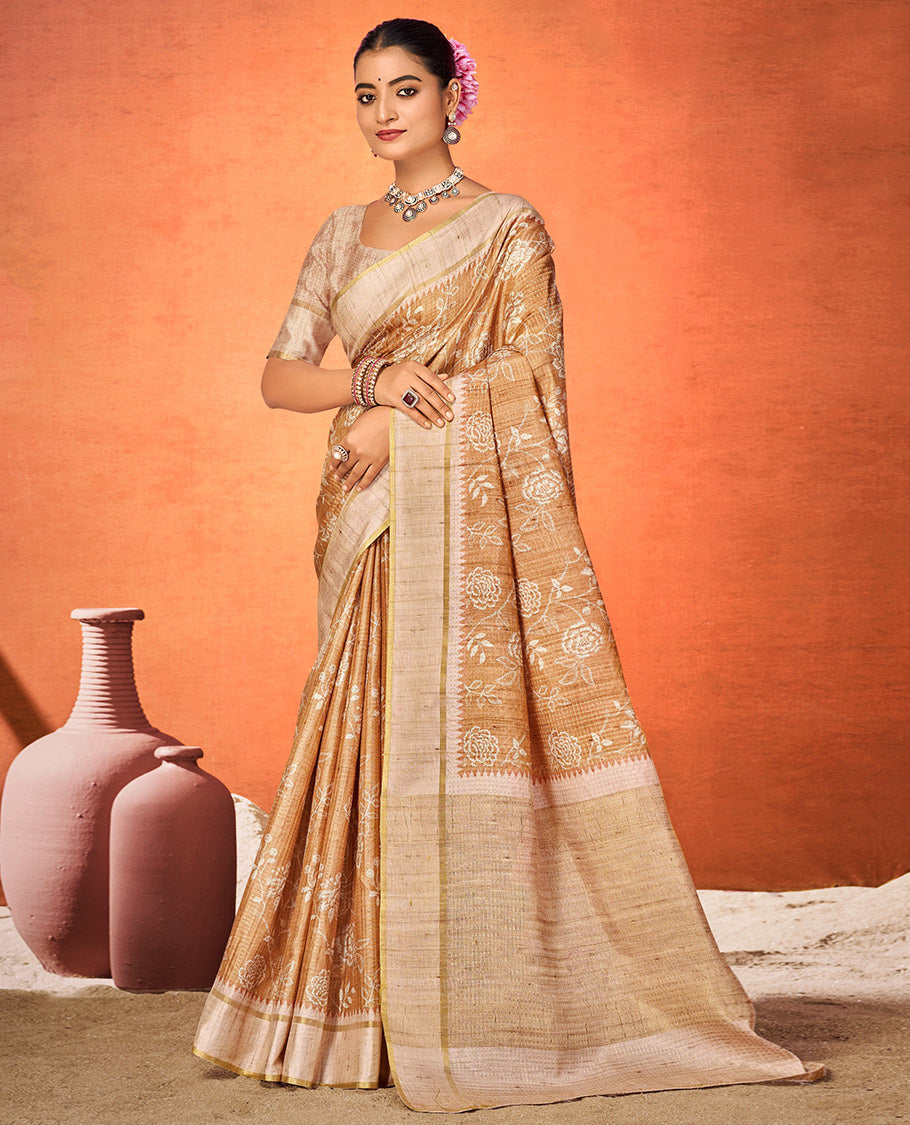 Sandal Fancy Tussar Designer Saree, Embellished with Floral Vine Design, a Contrast Temple Border, a Contrast Pallu, and a Contrast Blouse