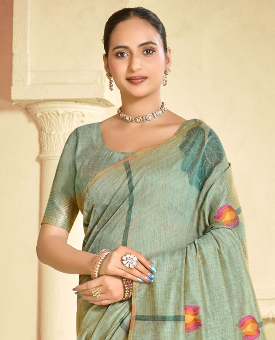 Green Linen Cotton Designer Catalog Saree, Beautified with Pichwai Lotus, a Piping Border, Pichwai Lotus Pallu, a Matching Blouse