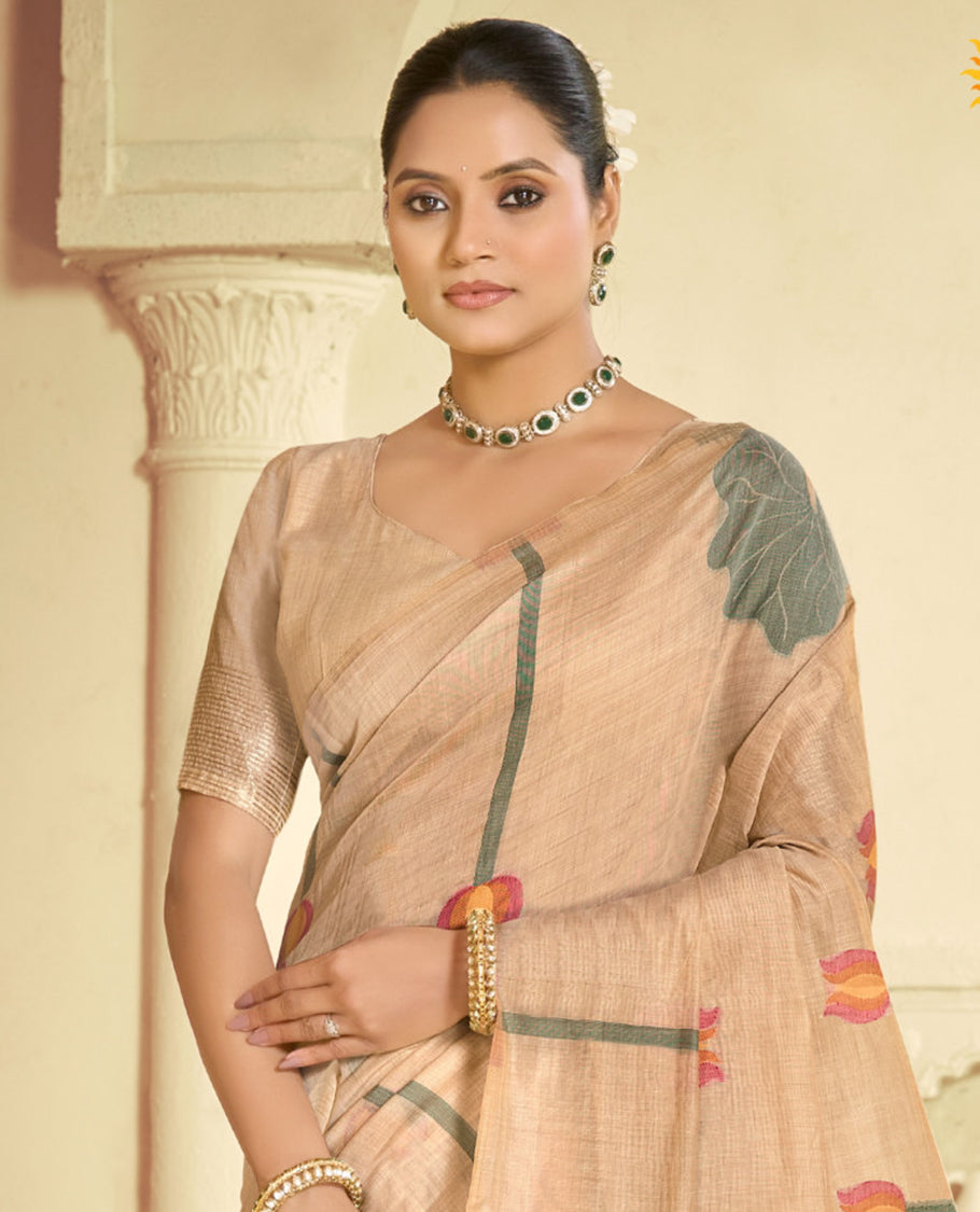 Beige Linen Cotton Designer Catalog Saree, Beautified with Pichwai Lotus, a Piping Border, Pichwai Lotus Pallu, a Matching Blouse