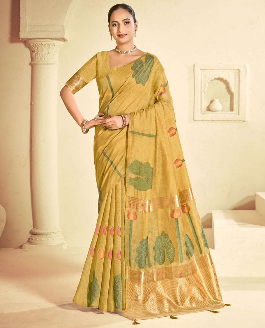 Sandal Linen Cotton Designer Catalog Saree, Beautified with Pichwai Lotus, a Piping Border, Pichwai Lotus Pallu, a Matching Blouse