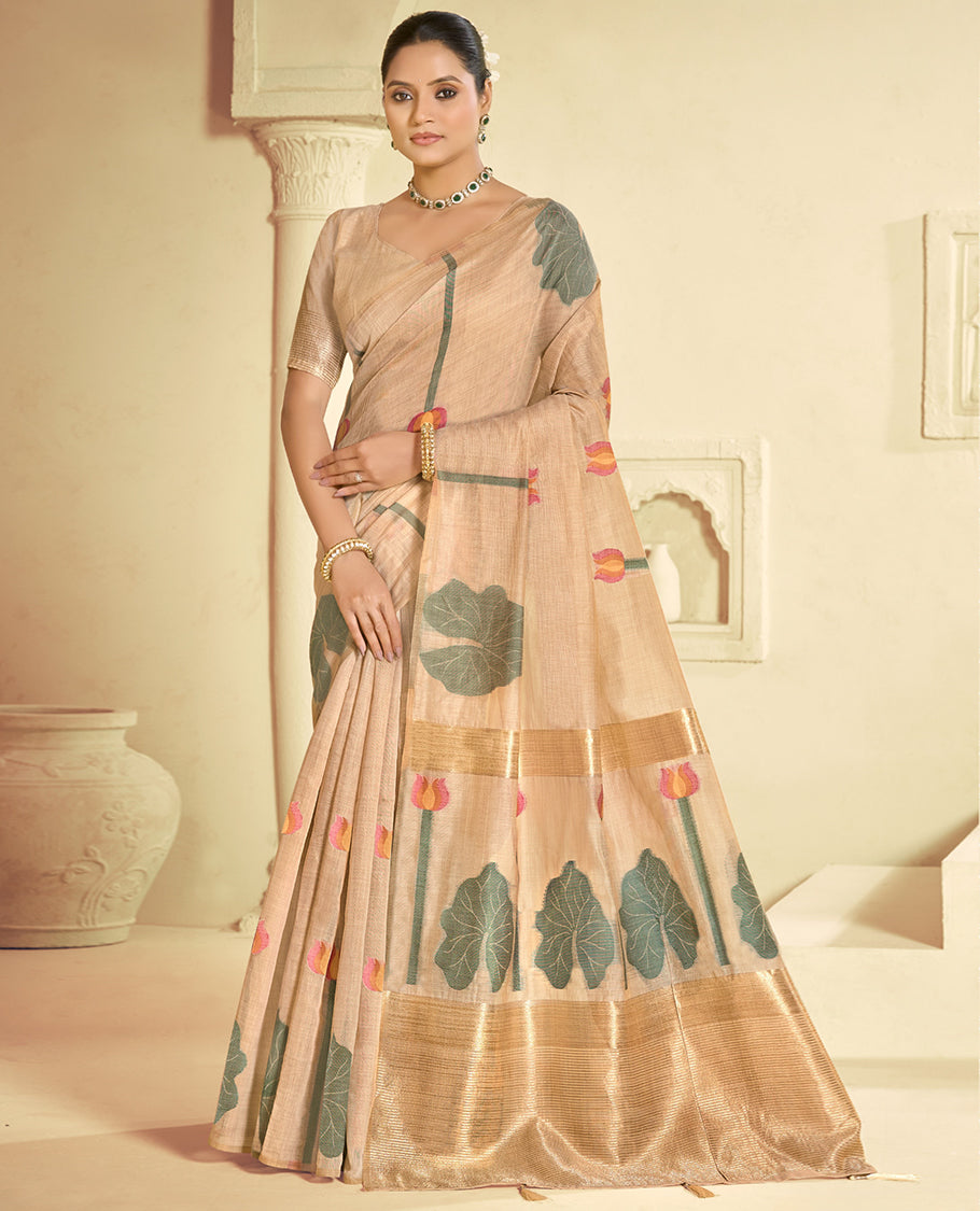 Beige Linen Cotton Designer Catalog Saree, Beautified with Pichwai Lotus, a Piping Border, Pichwai Lotus Pallu, a Matching Blouse