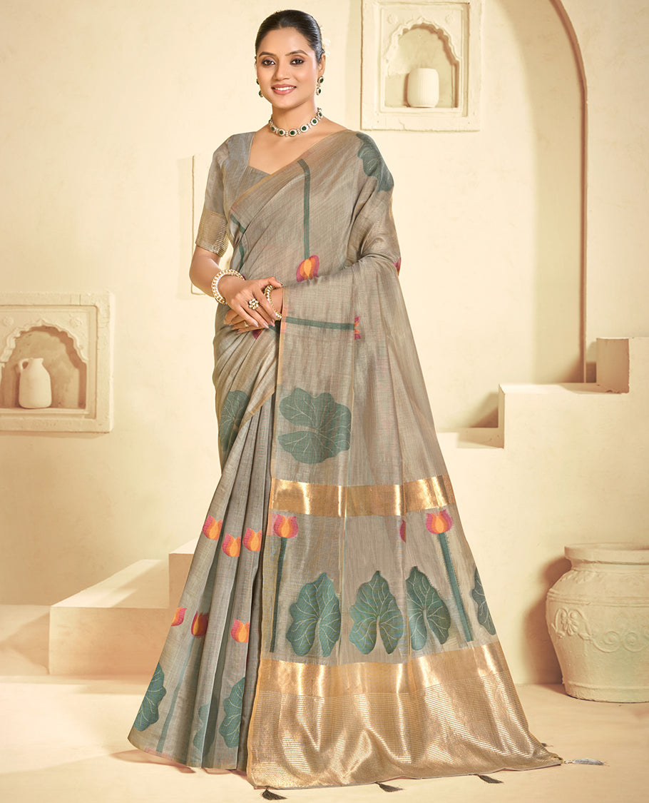 Grey Linen Cotton Designer Catalog Saree, Beautified with Pichwai Lotus, a Piping Border, Pichwai Lotus Pallu, a Matching Blouse