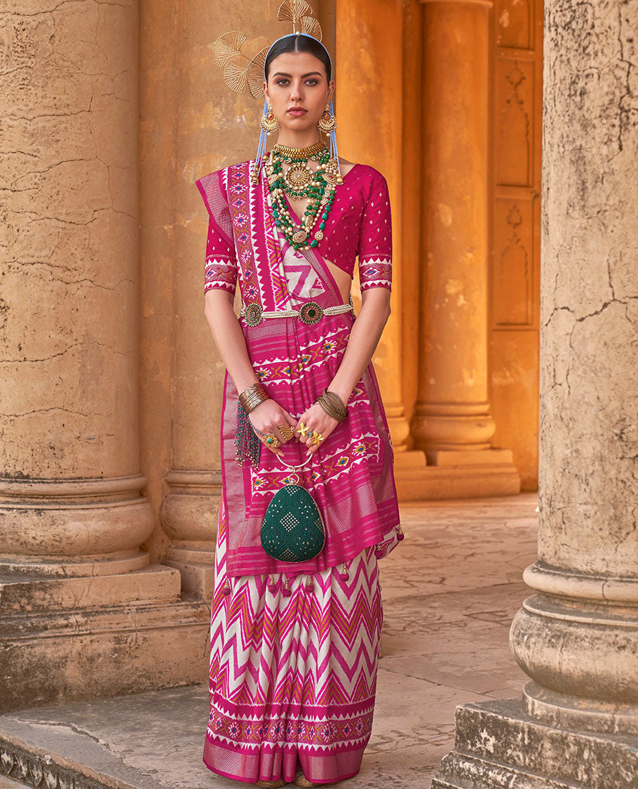 Cream and pink chevron stripes printed designer saree, geometric printed border, and ikkat design pallu