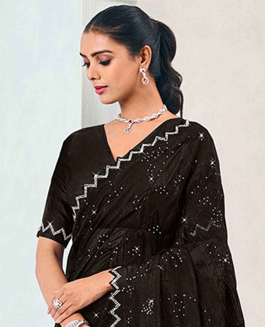 Black floral stone embroidery designer catalogue saree with scallop border