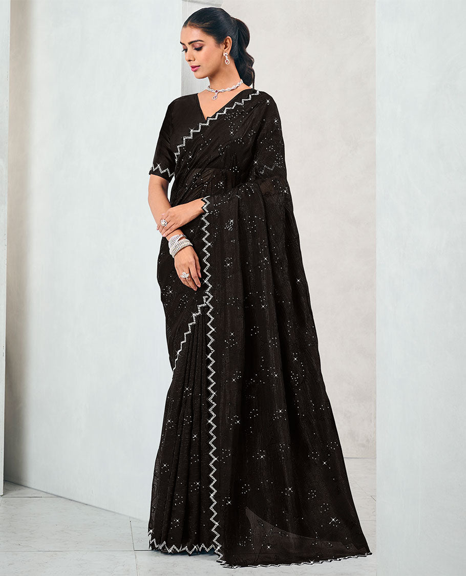 Black floral stone embroidery designer catalogue saree with scallop border