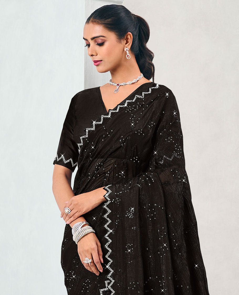 Black sequins embroidered designer saree, chevron design stone work, scallop border