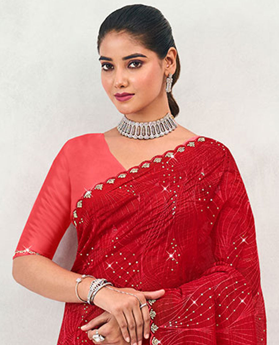 Red stone embroidery designer catalogue saree with scallop border