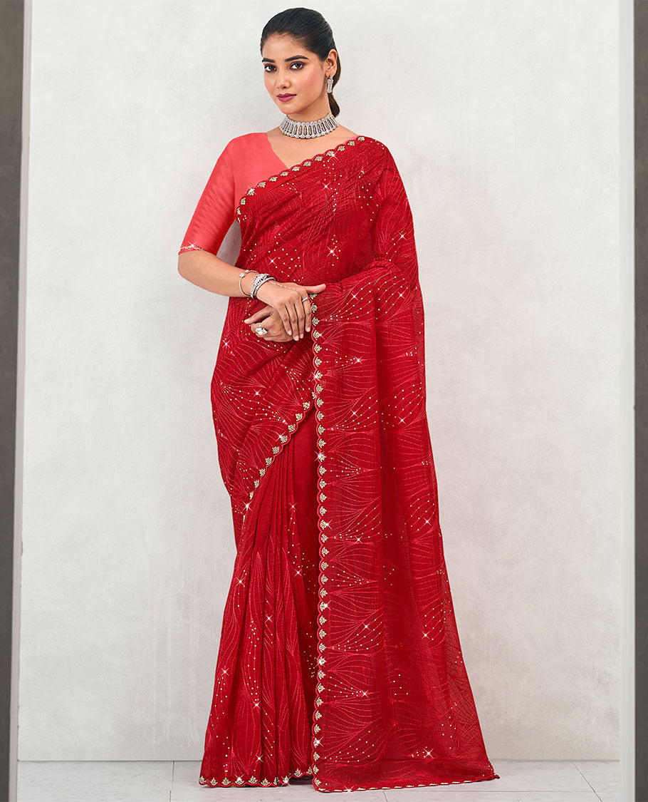 Red stone embroidery designer catalogue saree with scallop border