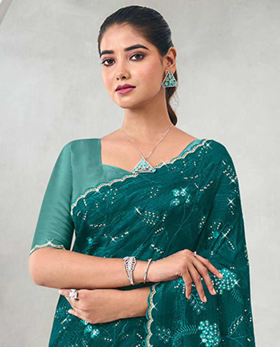 Green floral stone embroidery designer catalogue saree with scallop border