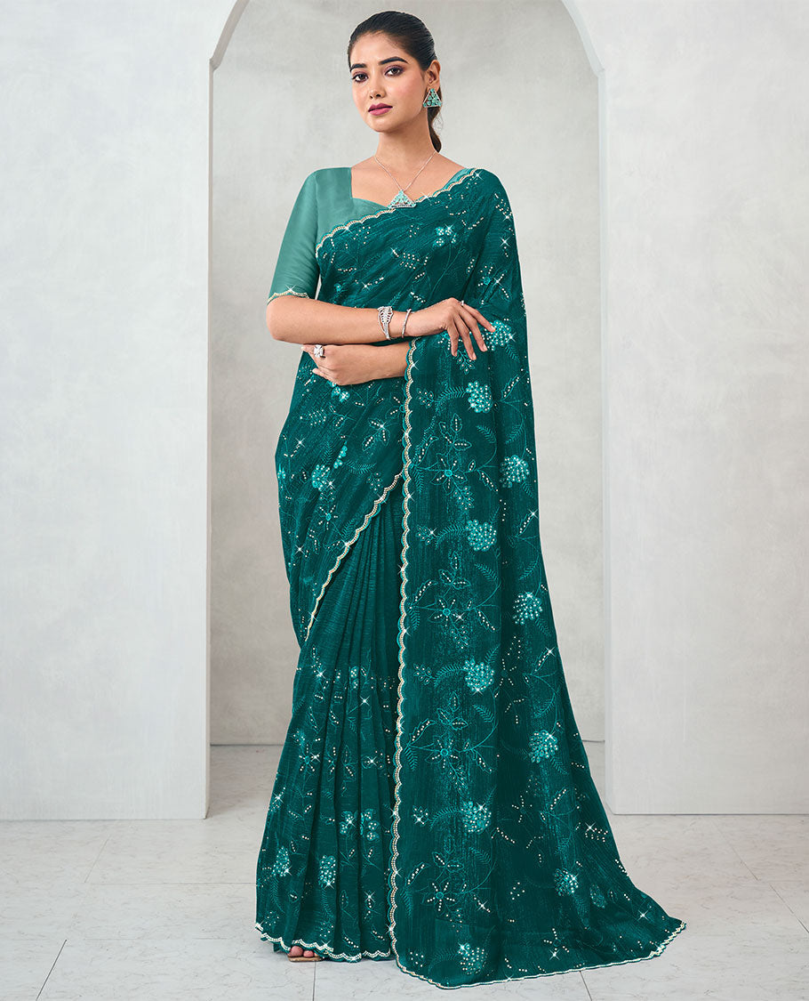 Green floral stone embroidery designer catalogue saree with scallop border