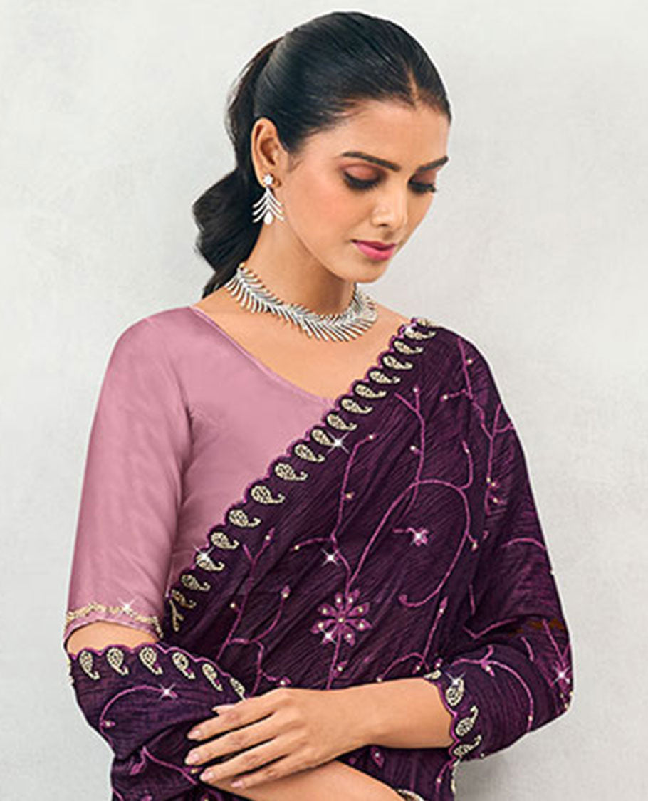 Violet floral vine mirror embroidery designer catalouge saree with paisely scallop border