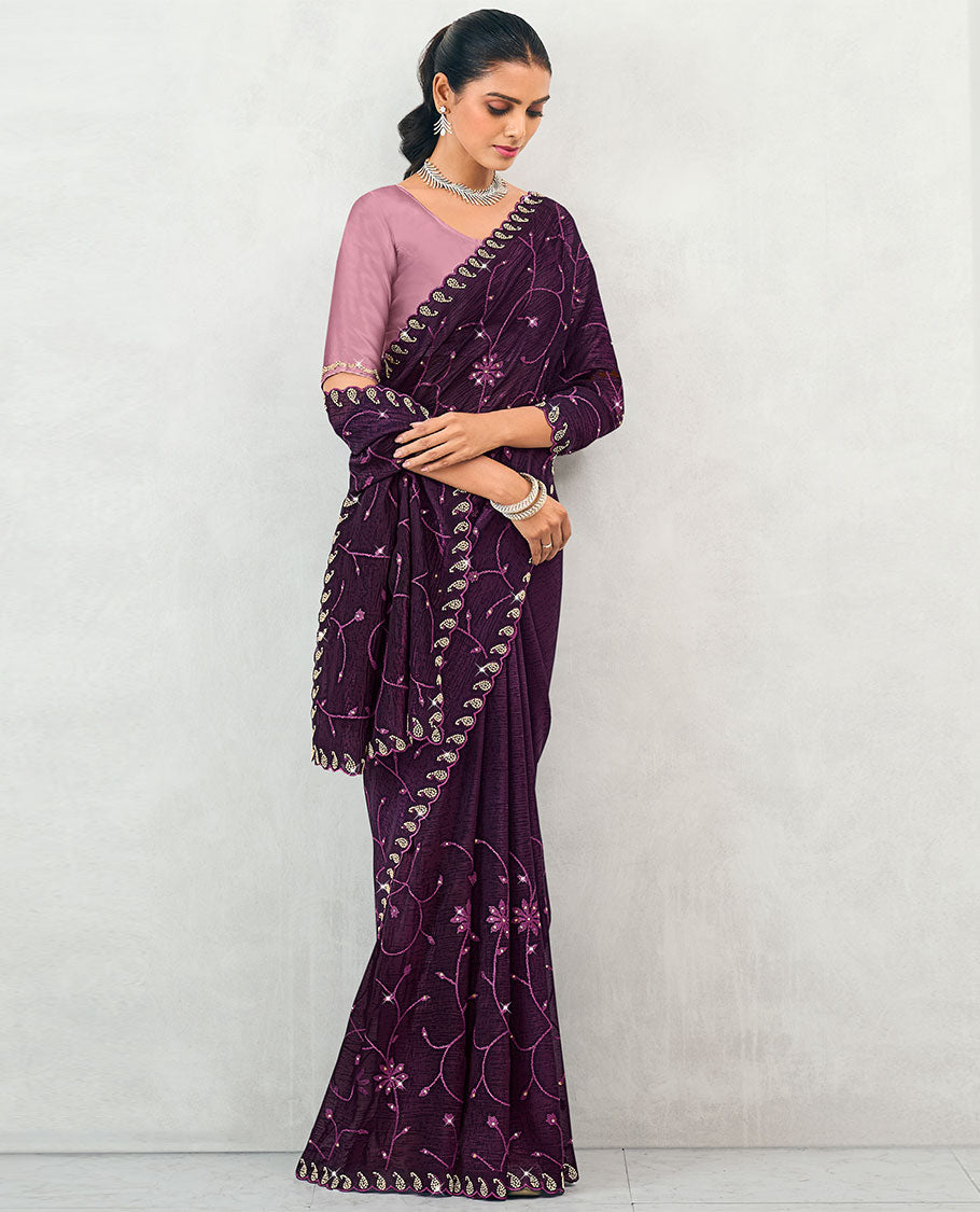 Violet floral vine mirror embroidery designer catalouge saree with paisely scallop border