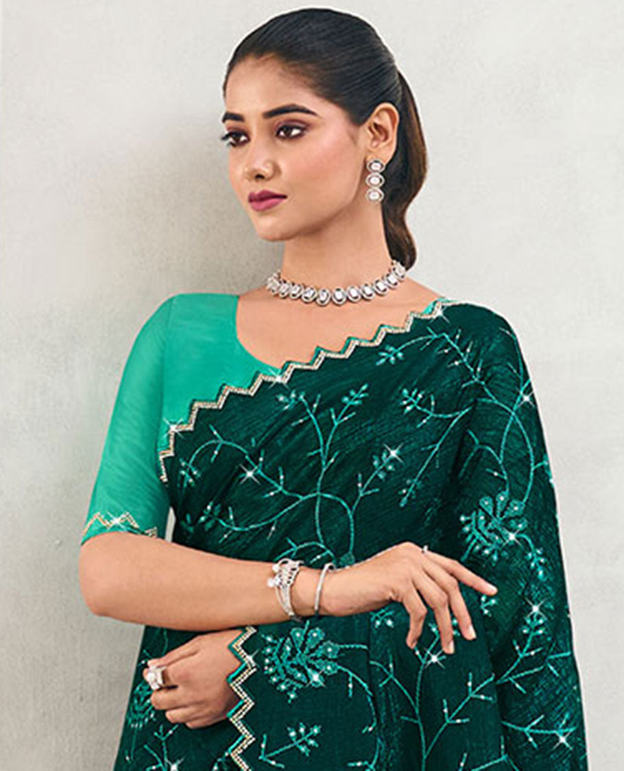 Green floral vine mirror embroidery designer catalouge saree with scallop border