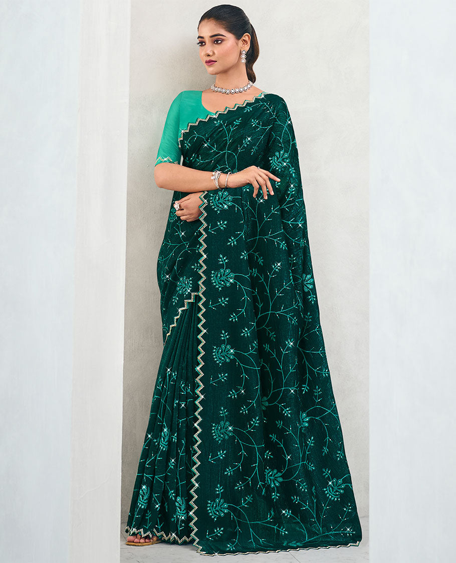 Green floral vine mirror embroidery designer catalouge saree with scallop border