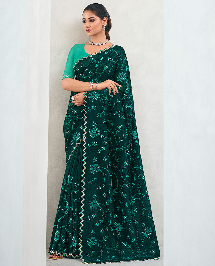 Green floral vine embroidered organza designer saree, chevron design stone work, scallop border