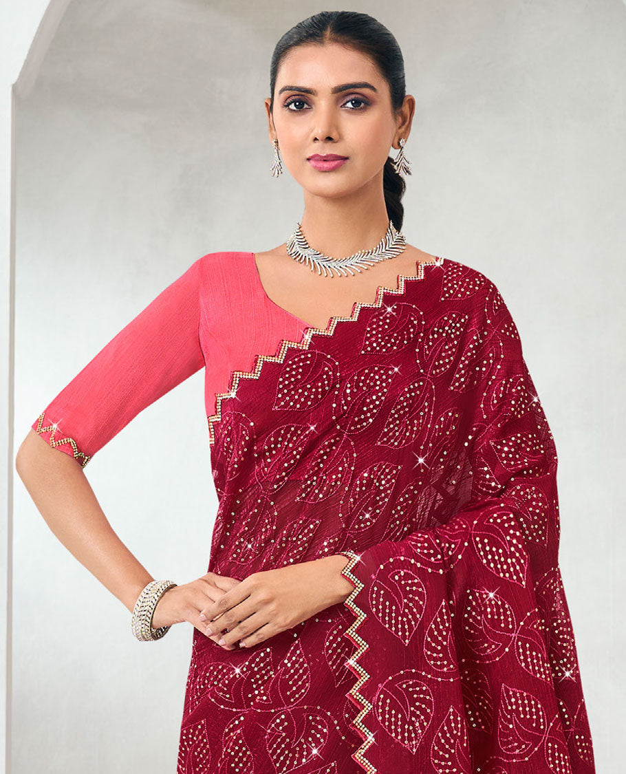Red leaf vine sequins embroidered designer saree, chevron design stone work, scallop border