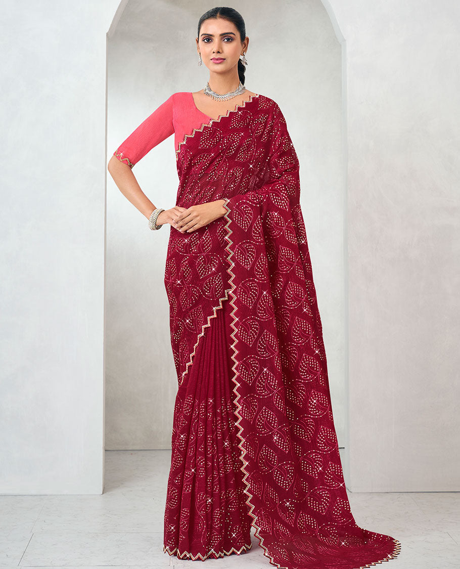 Red leaf vine sequins embroidered designer saree, chevron design stone work, scallop border
