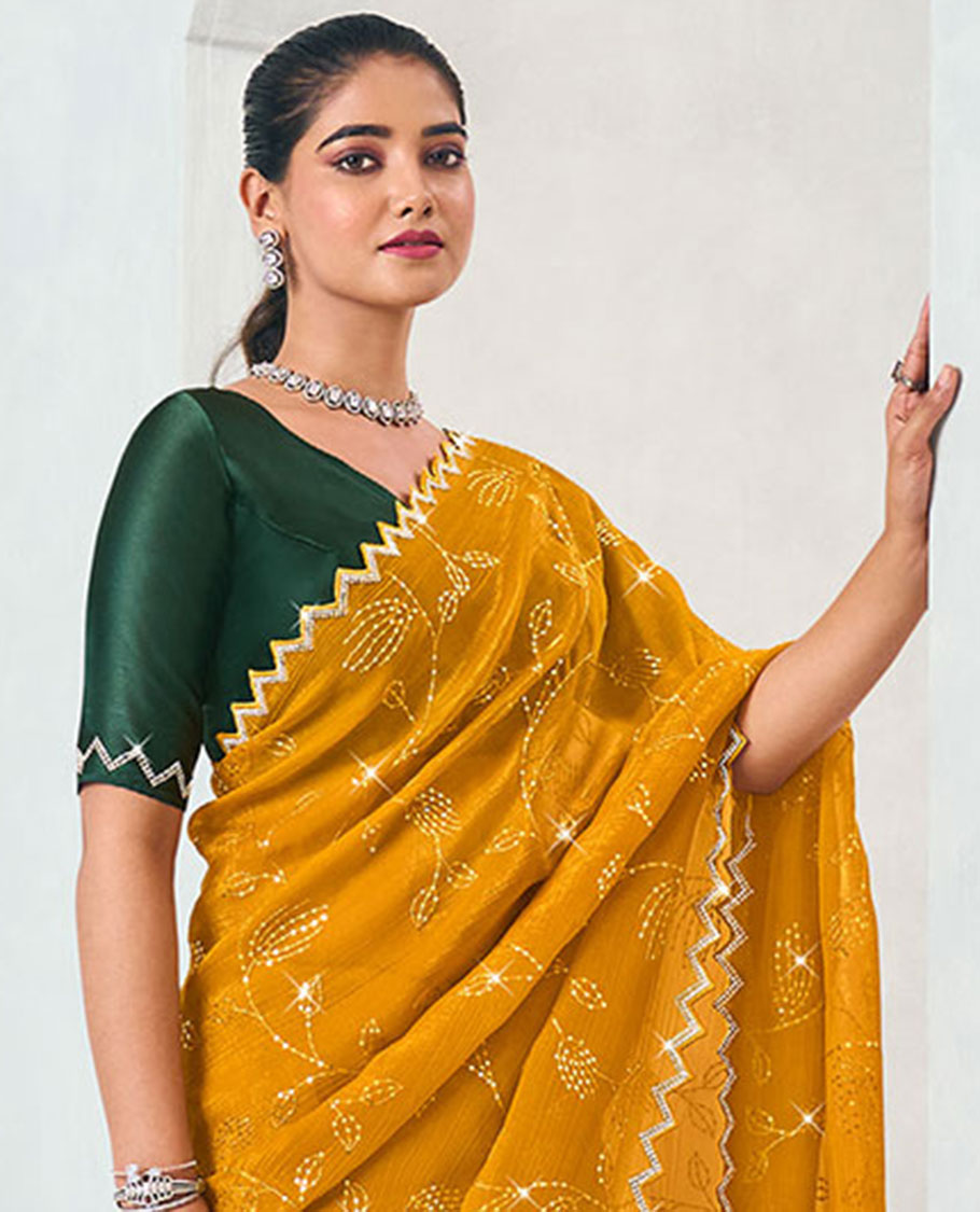 Yellow floral stone embroidery designer catalogue saree with scallop border