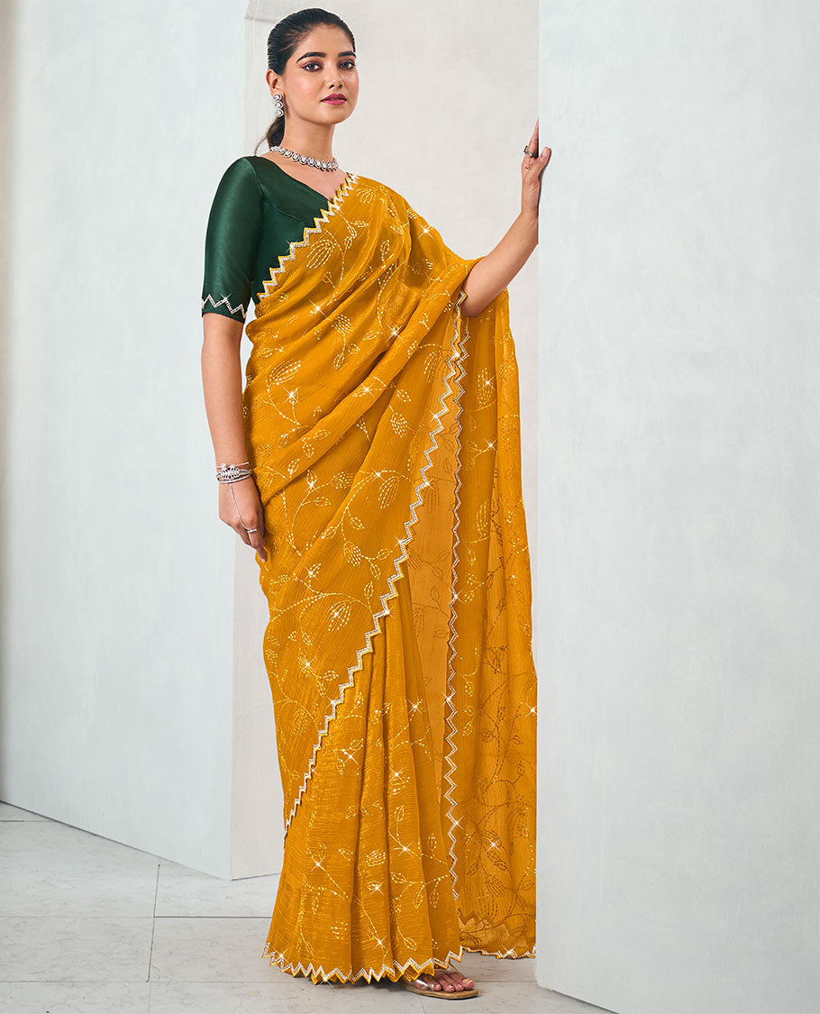 Yellow floral stone embroidery designer catalogue saree with scallop border