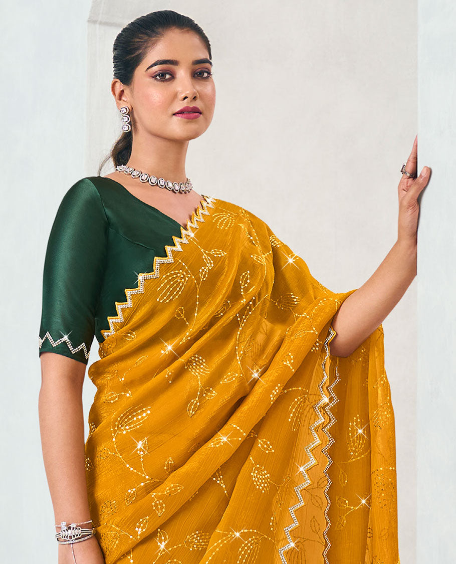 Mustard floral vine sequins embroidered designer saree, chevron design stone work, scallop border