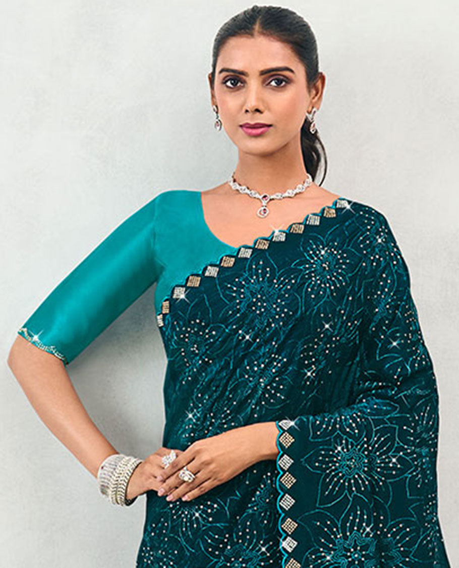 Blue floral stone embroidery designer catalogue saree with scallop border