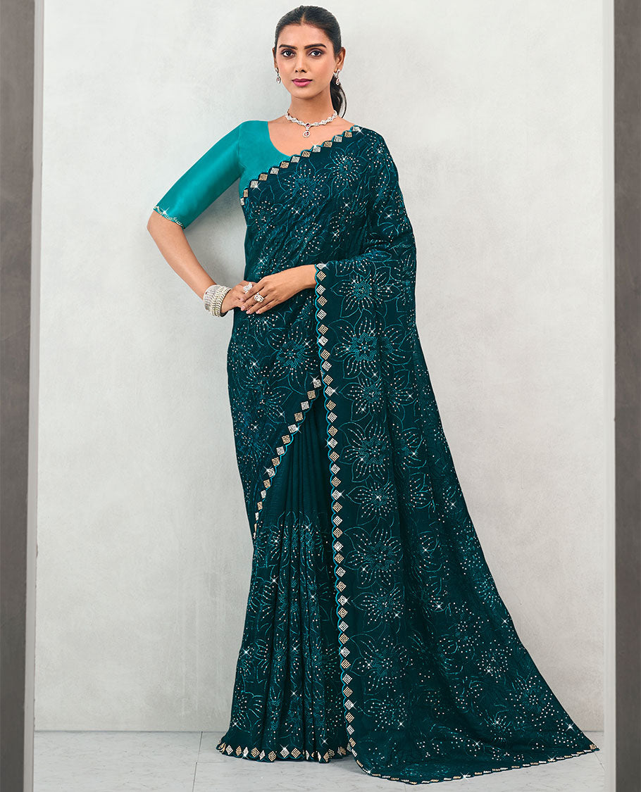 Blue floral stone embroidery designer catalogue saree with scallop border